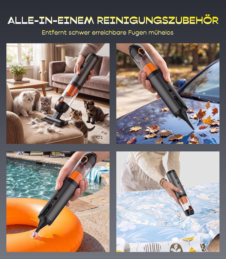 Handstaubsauger Akku 4-in-1, Mini Autostaubsauger Stark mit 20000 PA Saugkraft und 2 Saugstufen, USB