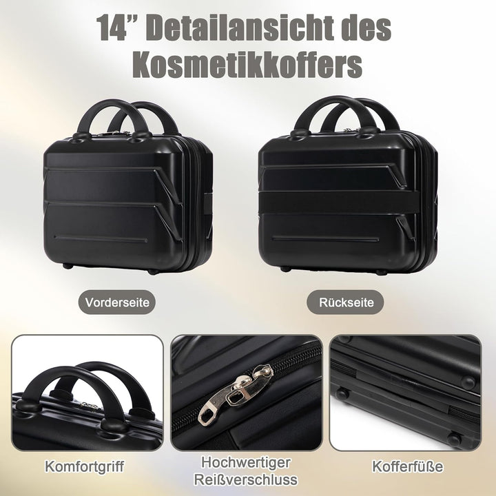 Hartschalen-Koffer Trolley Handgepäck Rollkoffer, Reisekoffer Set mit 4 Rollen, 4er Gepäckset Schwar