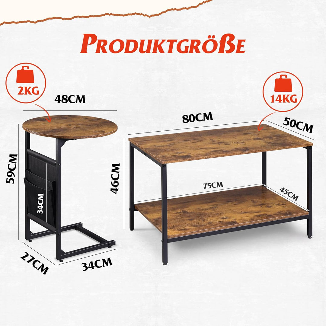 WLIVE Couchtisch Rund mit 2 Ebenen, Wohnzimmertisch Holz, Stubentisch mit Metallrahmen, für Wohnzimm