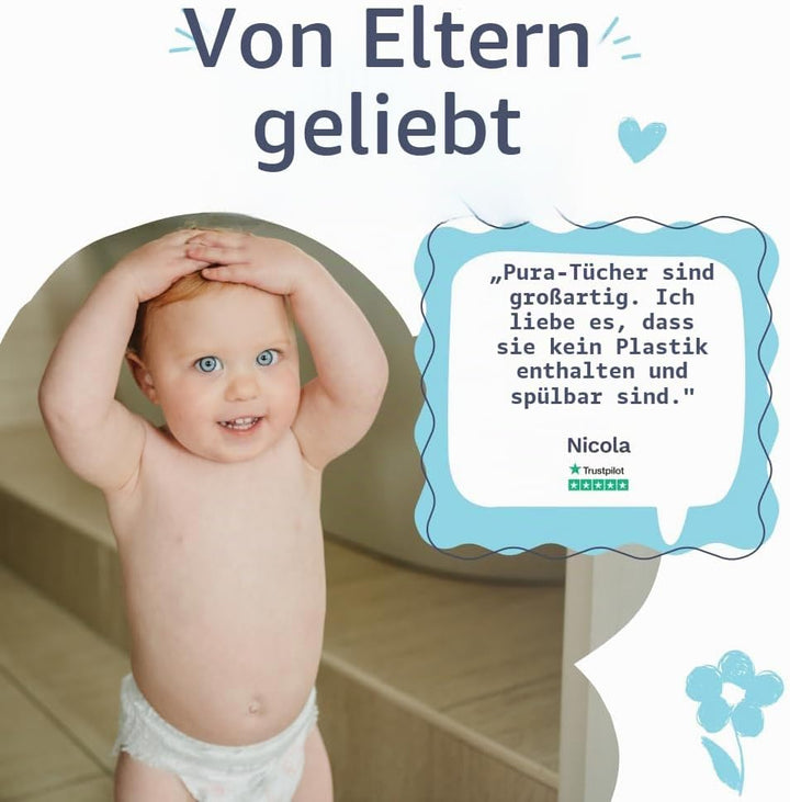 Pura Spülbare Öko-Baby-Feuchttücher für empfindliche Babyhaut, 720 Tücher (12 x 60 Tücher), Monatsbo