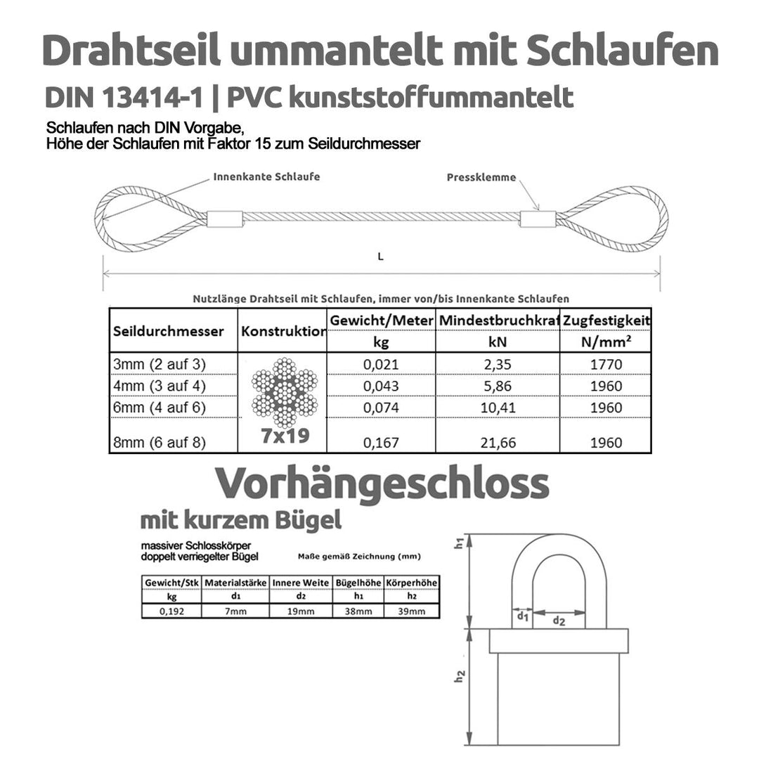 Drahtseile24 Stahlkabelschloss, Schlaufenkabel mit Schloss - Diebstahlsicherung für Gartenmöbel & Te