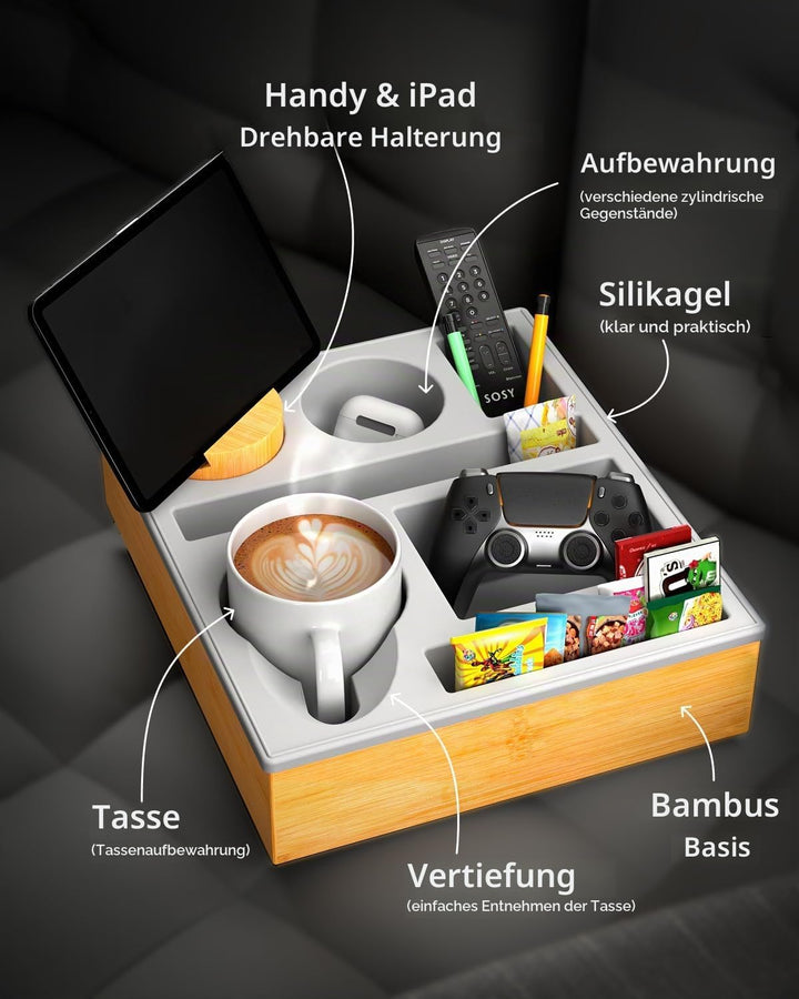 Couchbar Snackbox Silikon sofatablett mit 360 Grad Drehbar Handyhalter beistelltisch mit Holz Sofata