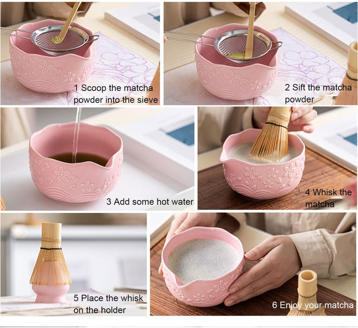 7PCS Matcha Set，500ML Ceramic Matcha Bowl with Spout，Matcha Broom and Holder, Bamboo Scoop, Stainles