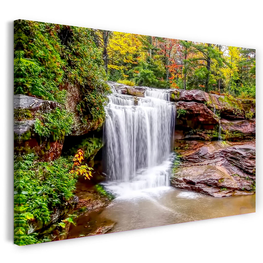 Printed Paintings Leinwand (80x60cm): Kleiner Wasserfall vor bunter Herbst-Kulisse, Zimmer-Bild, 80x