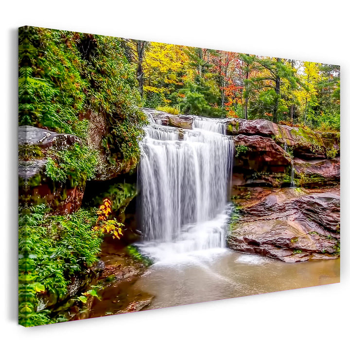 Printed Paintings Leinwand (80x60cm): Kleiner Wasserfall vor bunter Herbst-Kulisse, Zimmer-Bild, 80x