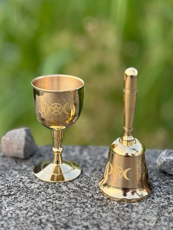 Mini Messing Altarglocke und Altarkelch, Dreifachmondgöttin und Pentagramm Wiccan Zubehör und Werkze
