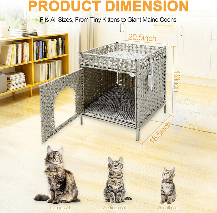 Homegroove Katzenschrank für Katzentoilette, Grau | Verstecktes Katzenklo Möbel, Handgeflochtenes Ra