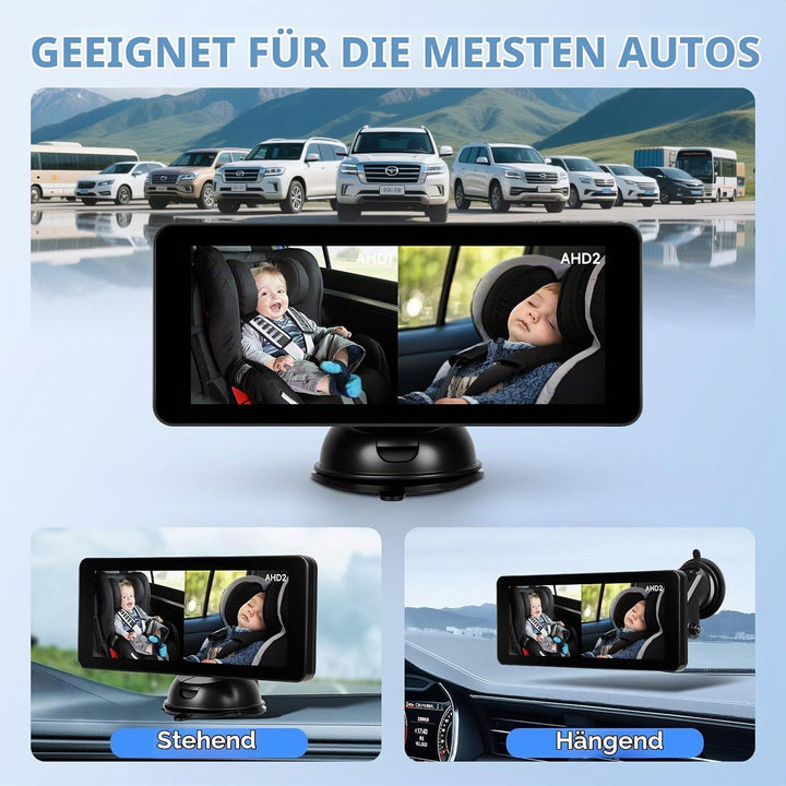 Hodozzy Dual Baby Autokamera für 2 Kinder - 6,86 Zoll IPS Split-Screen HD Display, Nachtsicht, 360°