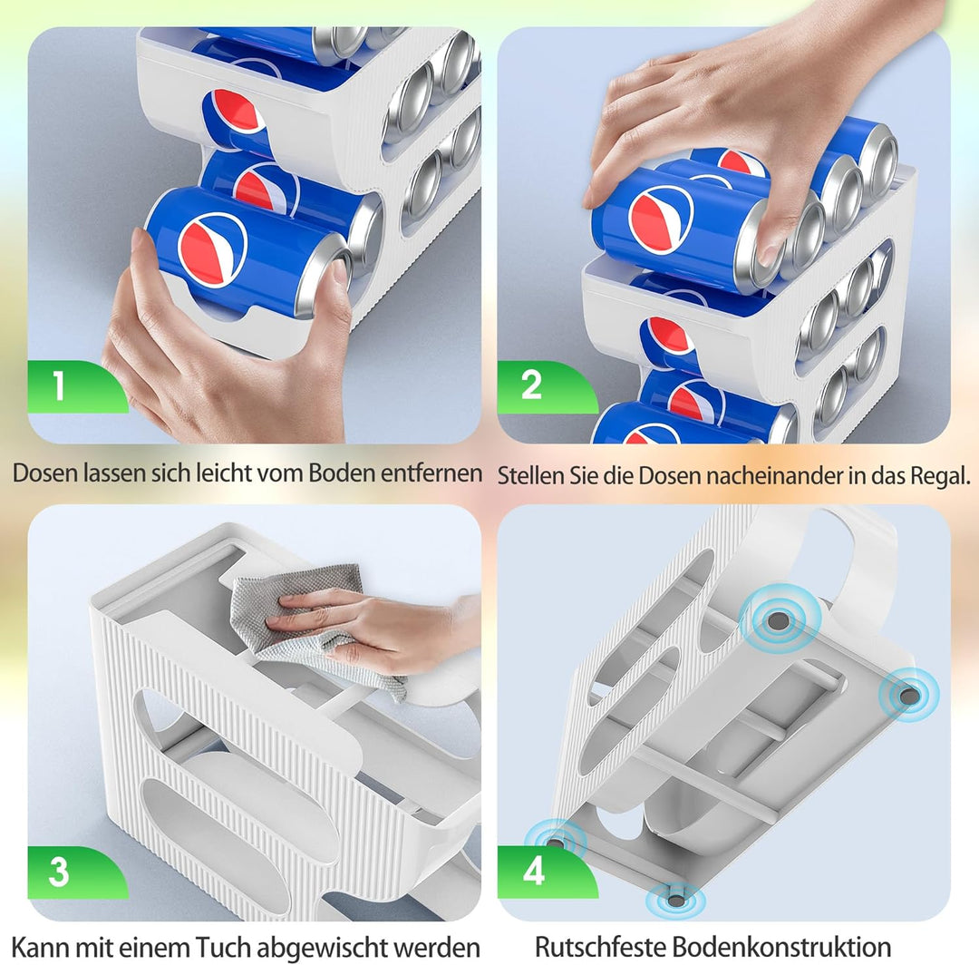 2 Packung Kühlschrank-Dosenspender, Dosenregal, stabiler weisser rollender Kunststoff-Dosenhalter, G