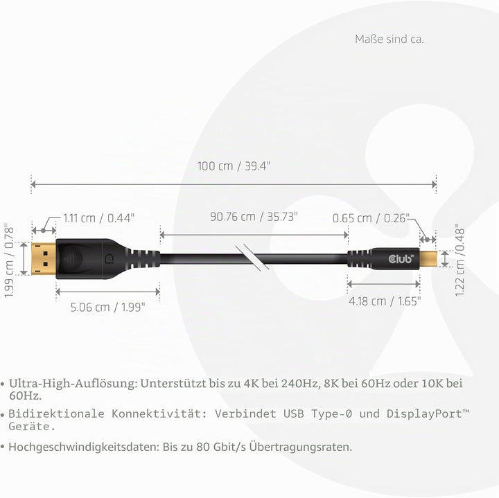 Club3D CAC-1559 USB Typ-C auf DisplayPort DP80 bidirektionales VESA zertifiziertes Kabel 1m Schwarz