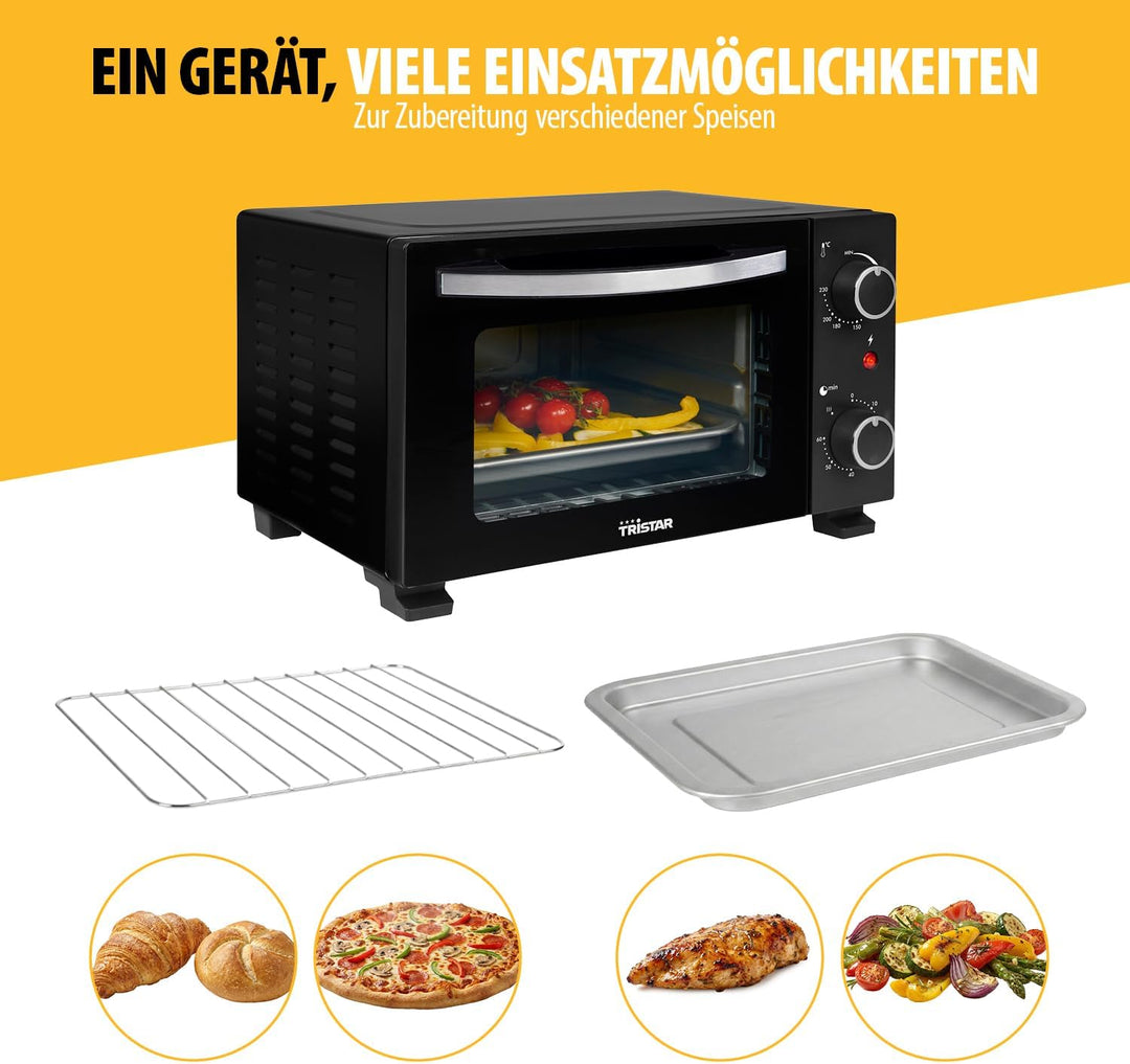 Kompakter Mini-Ofen 10 L, 800 W, Einstellbarer Thermostat, 60-Minuten-Timer, Doppelglastür für viels