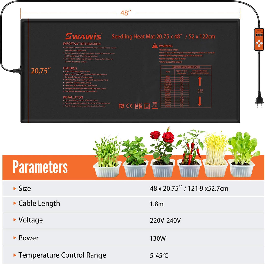 Heizmatte mit 5-45℃ Thermostatregler 130W, 52,7x121,9cm Wärmematte Pflanzen Set für Gewächshäuser Ga