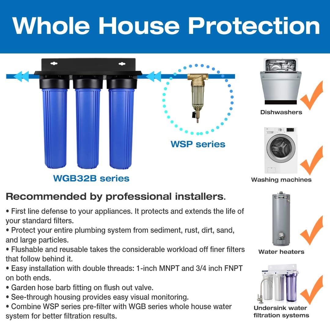 iSpring WSP-50 Reusable Whole House Spin Down Sediment Water Filter 50 Micron, 1" MNPT + 3/4" FNPT w