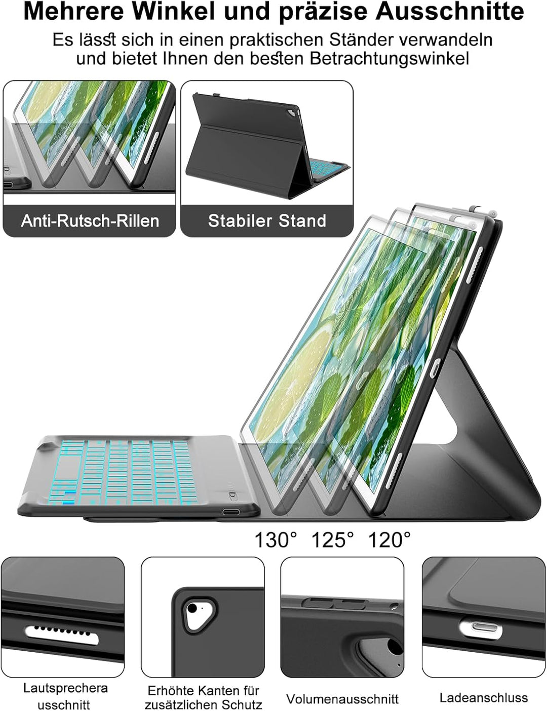 FOGARI Tastatur Hülle für iPad Pro 12.9 1./2. Generation, für iPad Pro 12.9 2017/2015, 7-farbige Hin