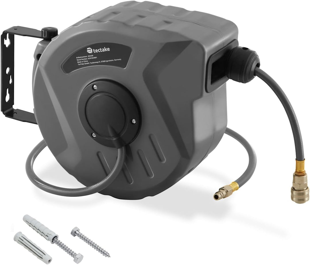 tectake 800801 Druckluftschlauch Aufroller mit ¼ Zoll Schnellkupplung, Aufroll-Automatik mit Schlauc