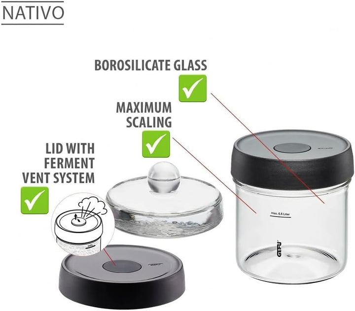 GEFU Fermentierglas NATIVO 0,5 Liter, inkl. Beschwerungsgewicht, Fermentationsglas mit Gewicht und D