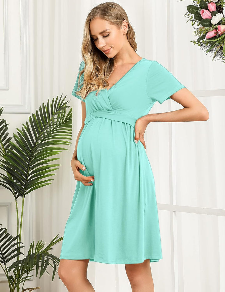 KOJOOIN Damen Umstandskleid V-Ausschnitt Stillkleid Casual Falten Schwangerschaftskleid(Verpackung M