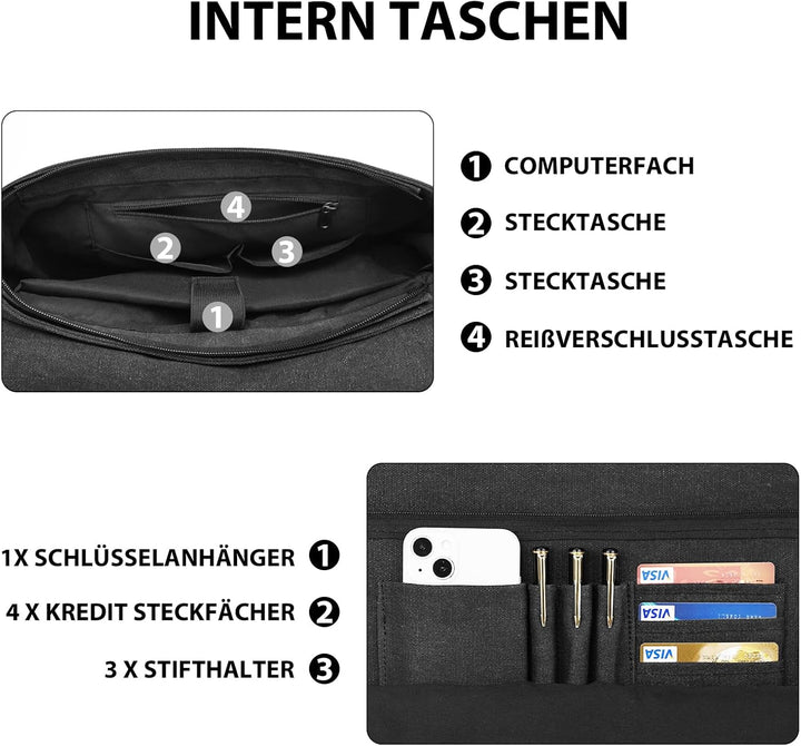 Leathario Umhängetasche Herren 14 Zoll, Messenger Bag aus Echtleder und Canvas, Arbeitstasche Studen