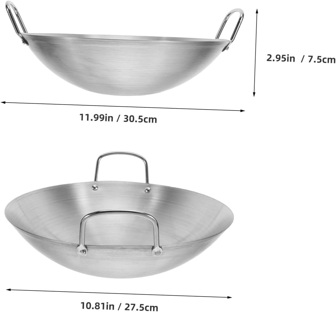 NUOBESTY 28 cm Doppelgriff-Wok-Edelstahl-Wok-Bratpfanne Mit Grosser Kapazität Bratpfanne Rundboden-W