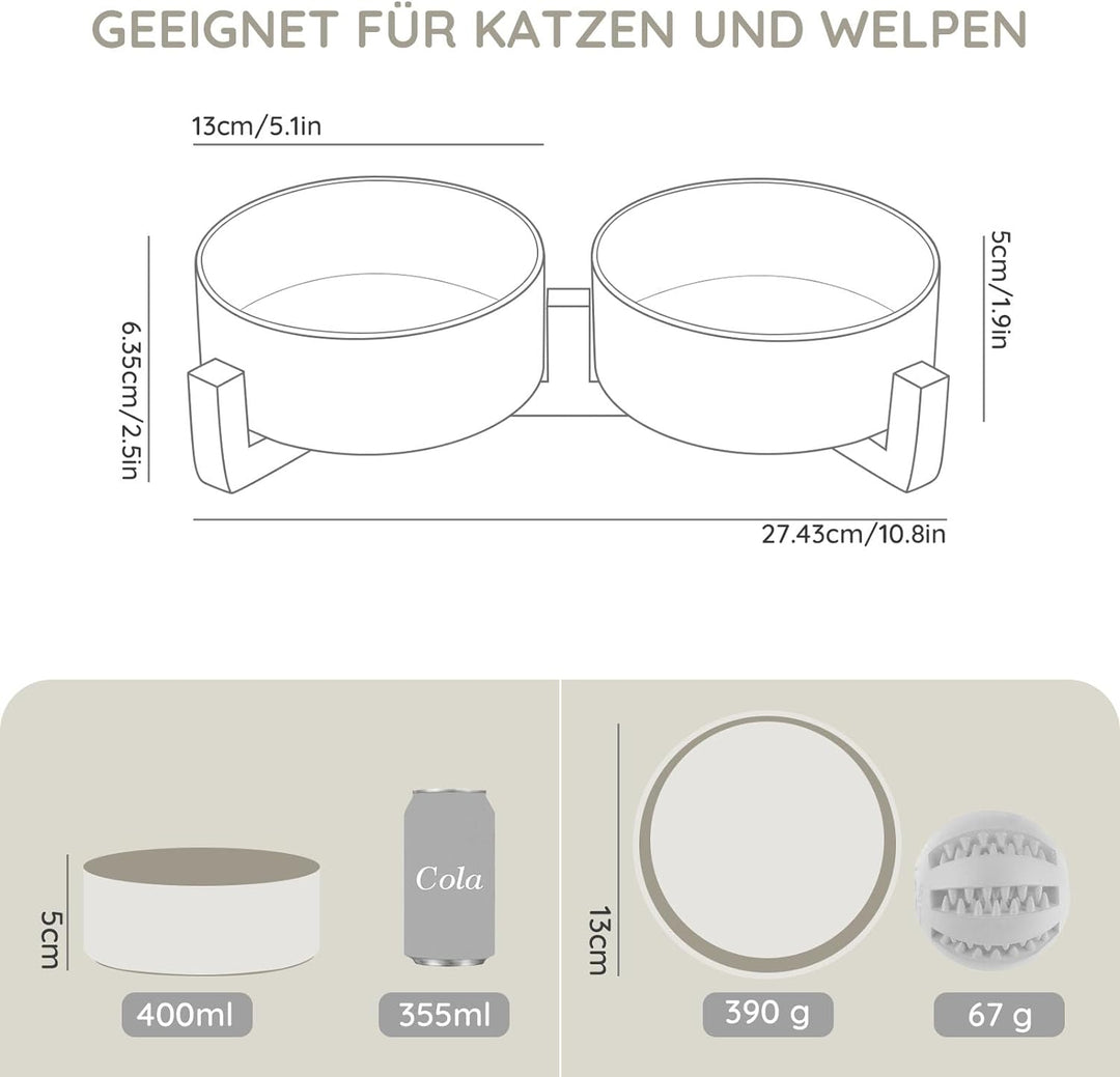 SPUNKYJUNKY Hundenapf Keramik Doppel Hund Futternapf mit Bambus Ständer für Katzen und Hunde (400ml,