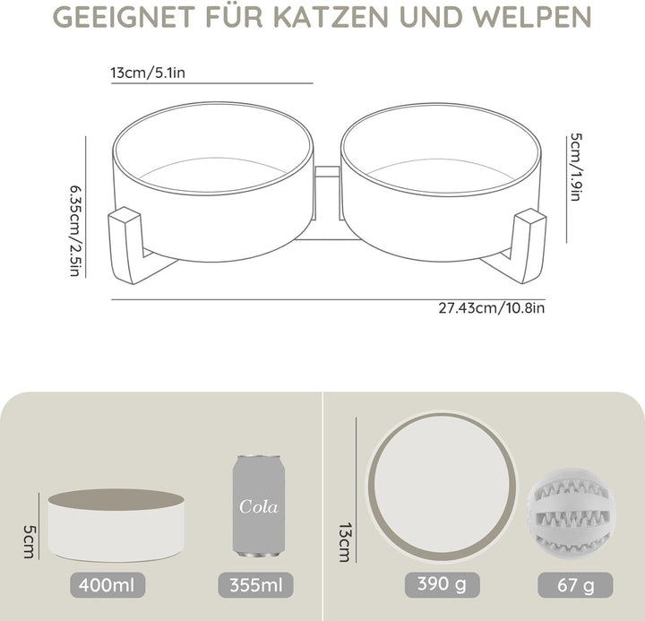 SPUNKYJUNKY Hundenapf Keramik Doppel Hund Futternapf mit Bambus Ständer für Katzen und Hunde (400ml,
