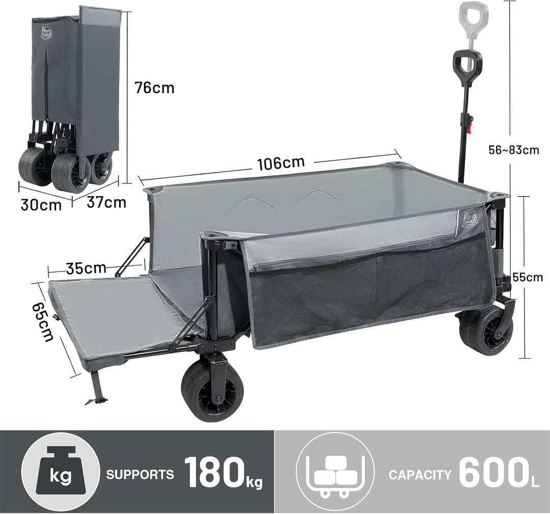 TIMBER RIDGE Bollerwagen Faltbar 600L Extra lang mit Heckklappe Breite Reifen Bremse 180kg Belastbar