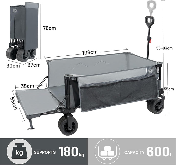 TIMBER RIDGE Bollerwagen Faltbar 600L Extra lang mit Heckklappe Breite Reifen Bremse 180kg Belastbar