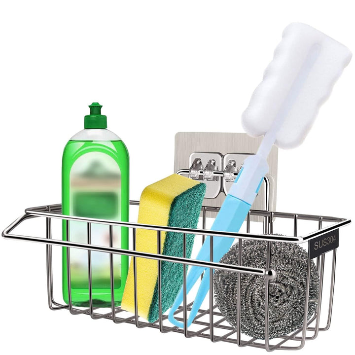 HONZUEN Selbstklebend Spülbecken Organizer, 2 in 1 Kein Bohren Erforderlich Schwammhalter Edelstahl