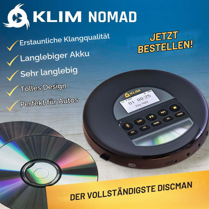 KLIM Nomad CD Player Bluetooth - Tragbarer CD-Player Discman mit langlebigem Akku - Inklusive Kopfhö