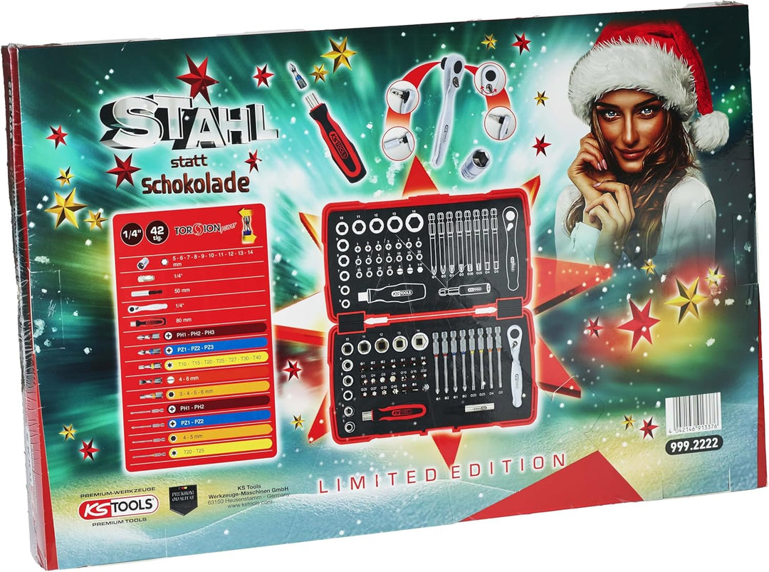 KS Tools Stahl statt Schokolade Adventskalender – 1/4" Torsions Bitsatz 42-teilig im Adventskoffer |