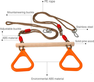 PELLOR Multifunktions Kinderholz Trapeze Schaukel mit Kunststoff Turnringe zum Aufhängen belastbar b