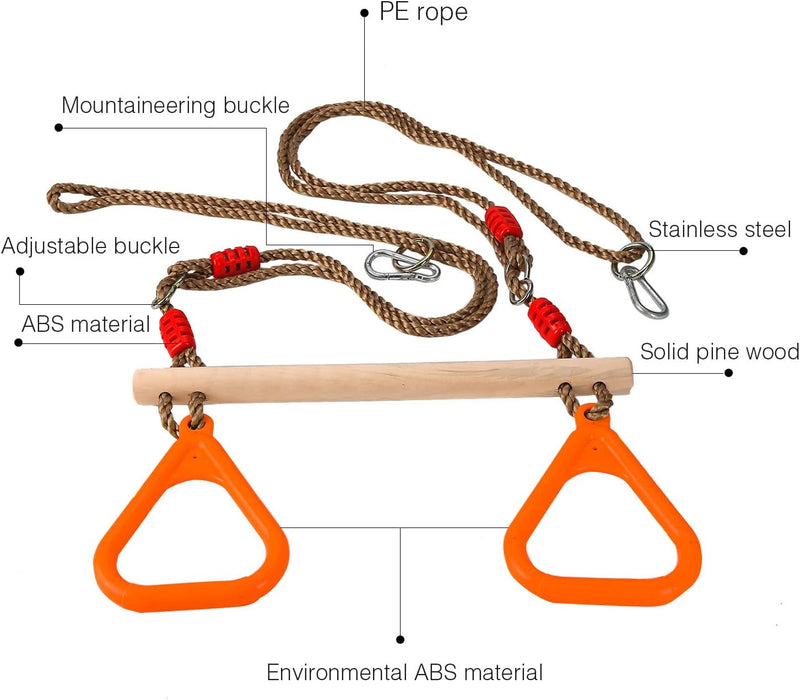 PELLOR Multifunktions Kinderholz Trapeze Schaukel mit Kunststoff Turnringe zum Aufhängen belastbar b