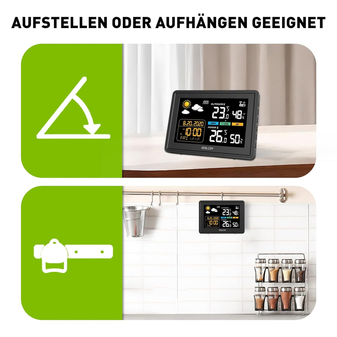 Konsen Wetterstation funk mit Aussensensor DCF Funkuhr, Farbdisplay mit grossen Zahlen von Innen und