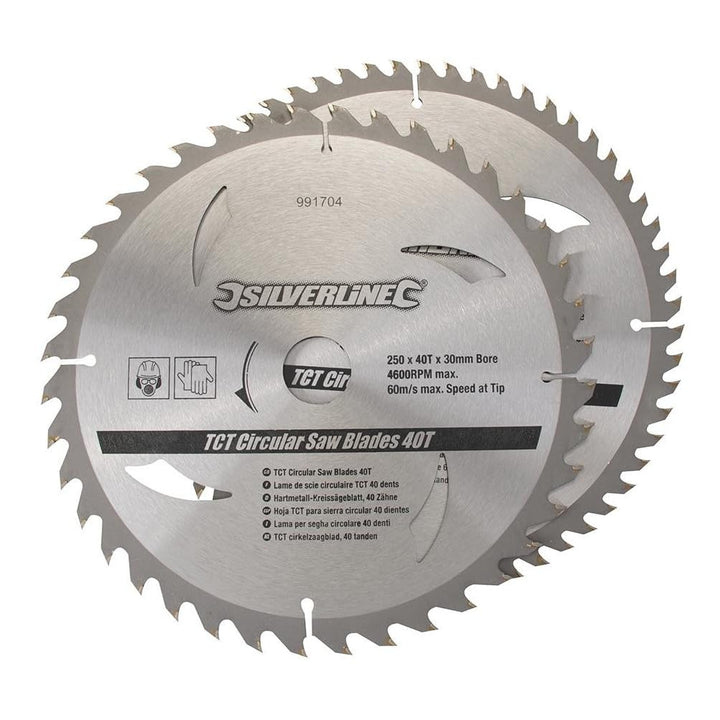 Silverline - Hartmetall-Kreissägeblätter mit 40 und 60 Zähnen, Doppelpckg. 250 x 30; Reduzierringe: