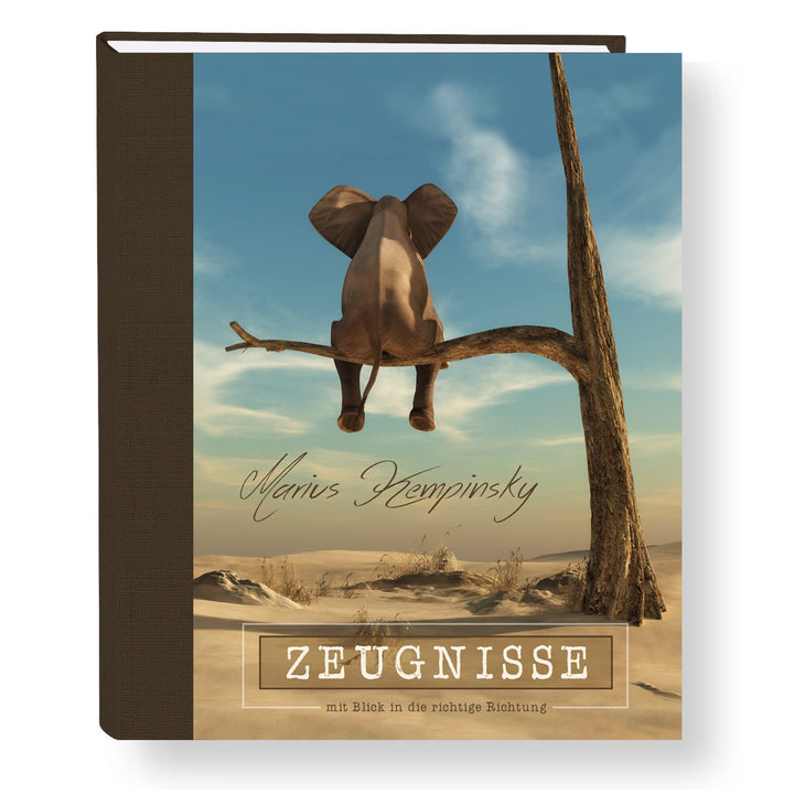 Zeugnismappe personalisiert Elefantie A4 ca. 31x24 cm beige blau Zeugnisbuch Elefant Urkundenmappe E