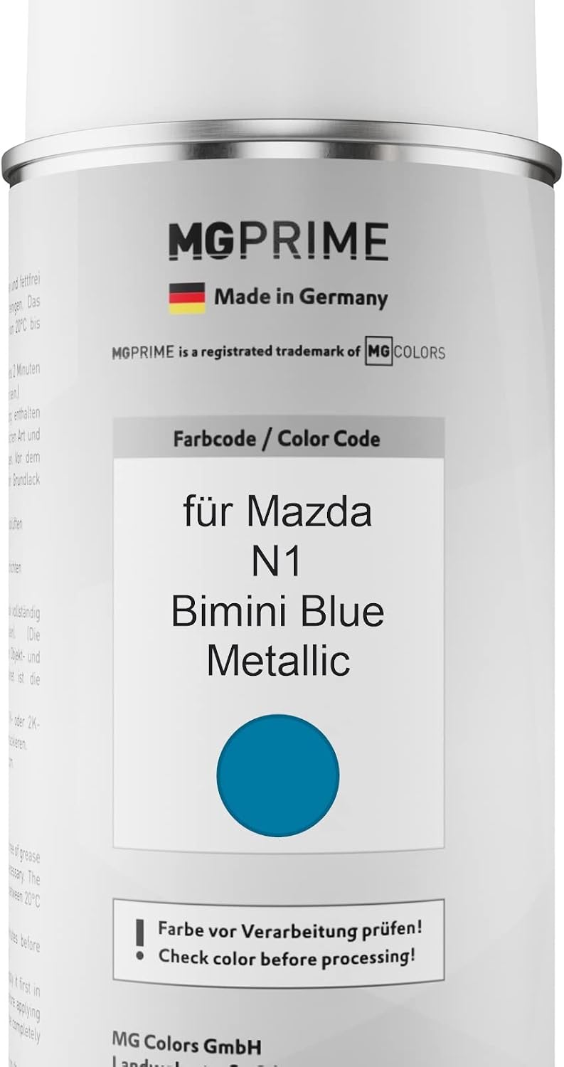 MG PRIME Autolack Sprühdosen Set für Mazda N1 Bimini Blue Metallic Basislack Klarlack Spraydose 400m