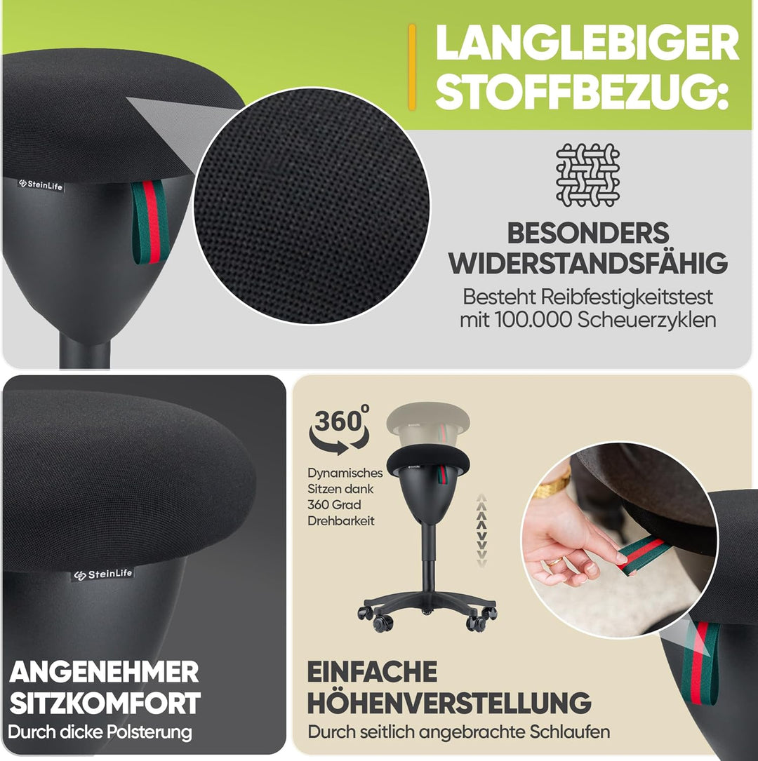 Bürohocker Ergonomisch [TESTSIEGER] Rollhocker Sitzhocker Höhenverstellbar [48-68cm] Ergonomischer H