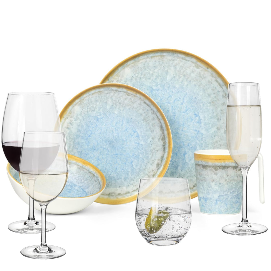 Melamin Camping Geschirr Set 4 Personen Crystal Blue + 16 Timo Gläser Wassergläser Weingläser Champa