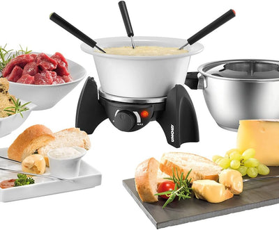 UNOLD Fondue-SET, Wechseltopf (Edelstahl/Keramik), Zubehör, für 6 Personen, 48615, Schwarz, Silber