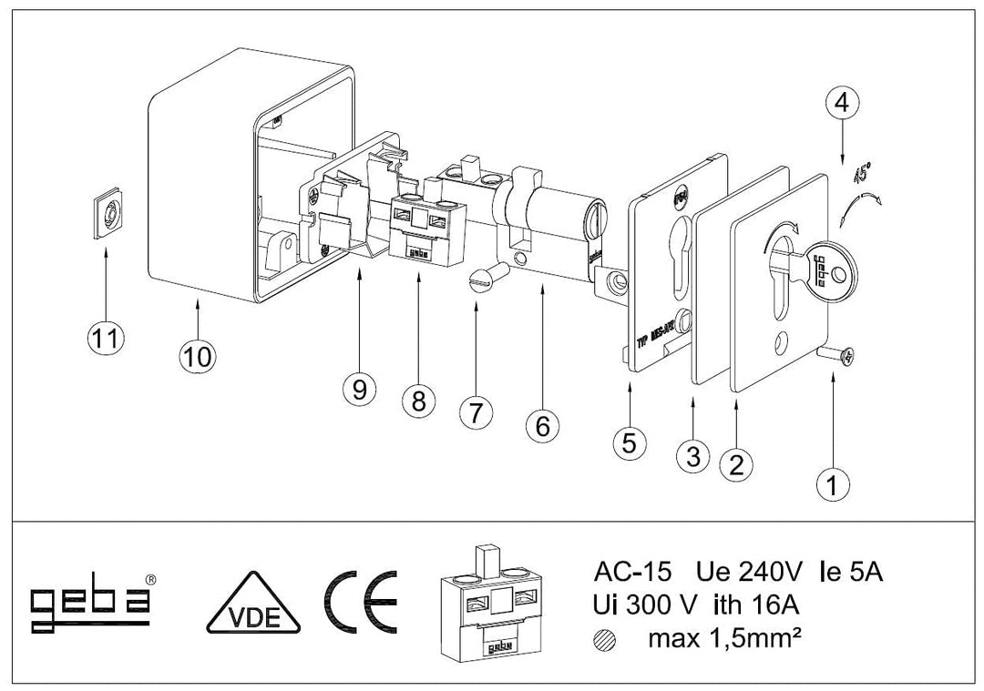 geba MSC-APZ 1-2T/1 Aufputz Aluminium Schlüsselschalter Schlüsseltaster mit DIN Profilhalbzylinder 2