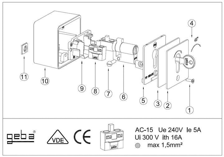 geba MSC-APZ 1-2T/1 Aufputz Aluminium Schlüsselschalter Schlüsseltaster mit DIN Profilhalbzylinder 2