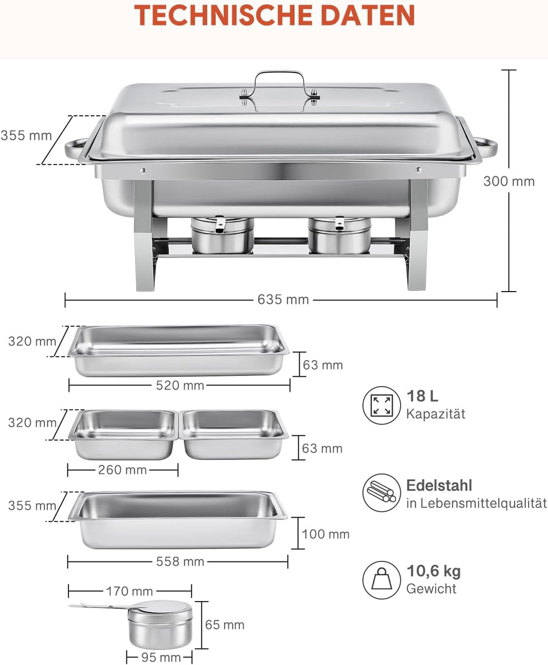 Wilprep Chafing Dish Edelstahl Buffet-Set Warmhaltebehälter Speisenwärmer Wärmebehälter Rechaud für