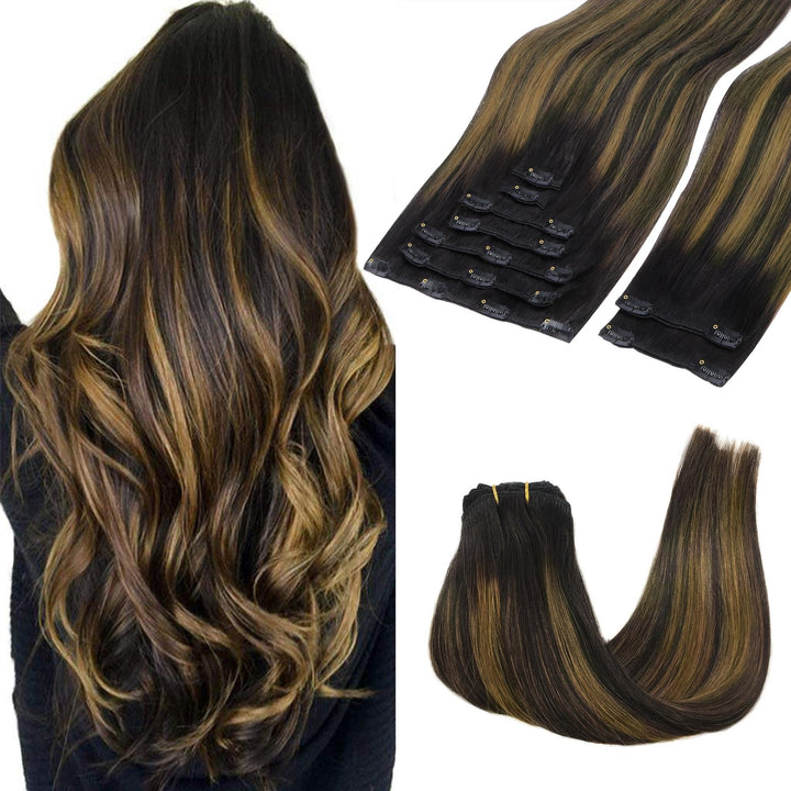 GOO GOO Clip in Extensions Echthaar, Echthaar Extensions Clip, 35cm 150g 9pcs, Extensions Echthaar,