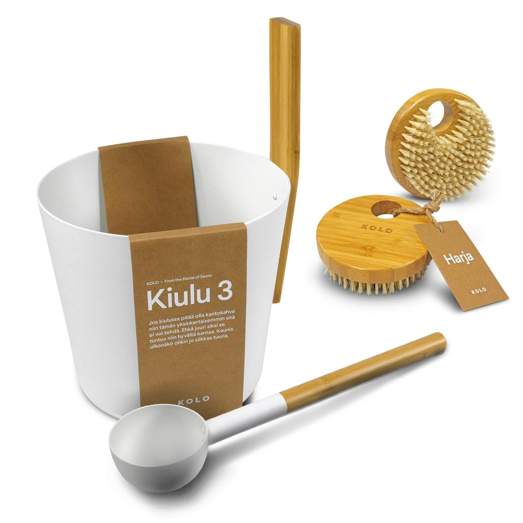 KOLO Sauna Kübel 3 & Kelle - Sauna Aufguss Set - Saunakübel 5l - Aufgusskelle 300ml - Aluminium Weis