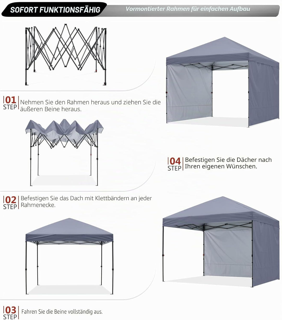 ABCCANOPY Faltpavillon UV50+ mit 2 Seitenwänden, Grau 300 cm | 500D Polyester,wasserdicht, 4 Sandsäc