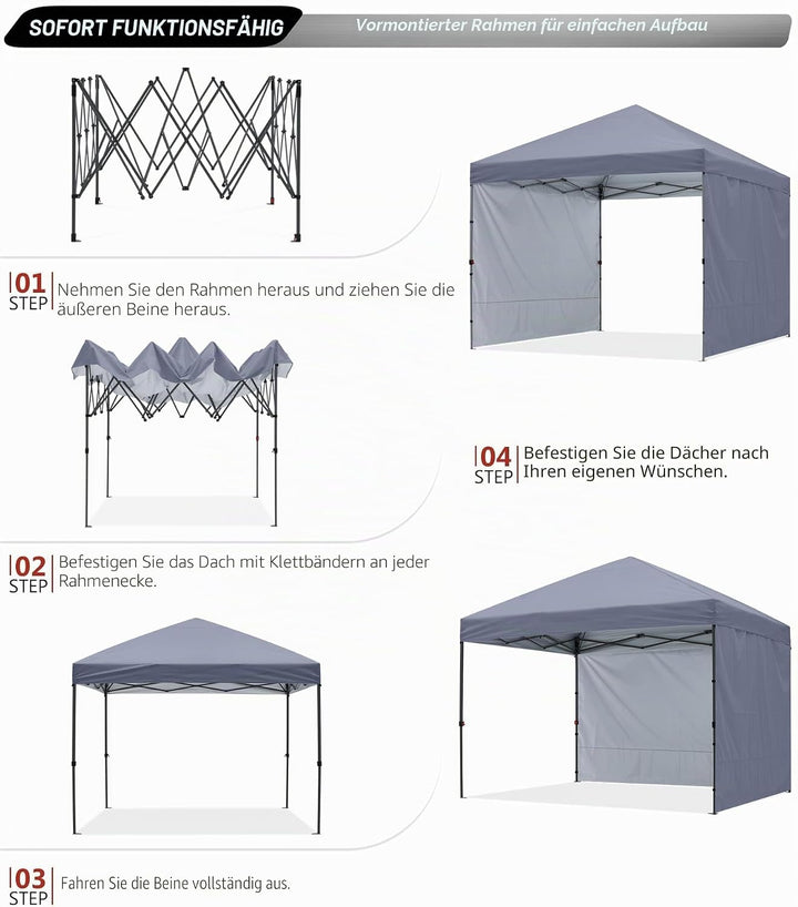 ABCCANOPY Faltpavillon UV50+ mit 2 Seitenwänden, Grau 300 cm | 500D Polyester,wasserdicht, 4 Sandsäc