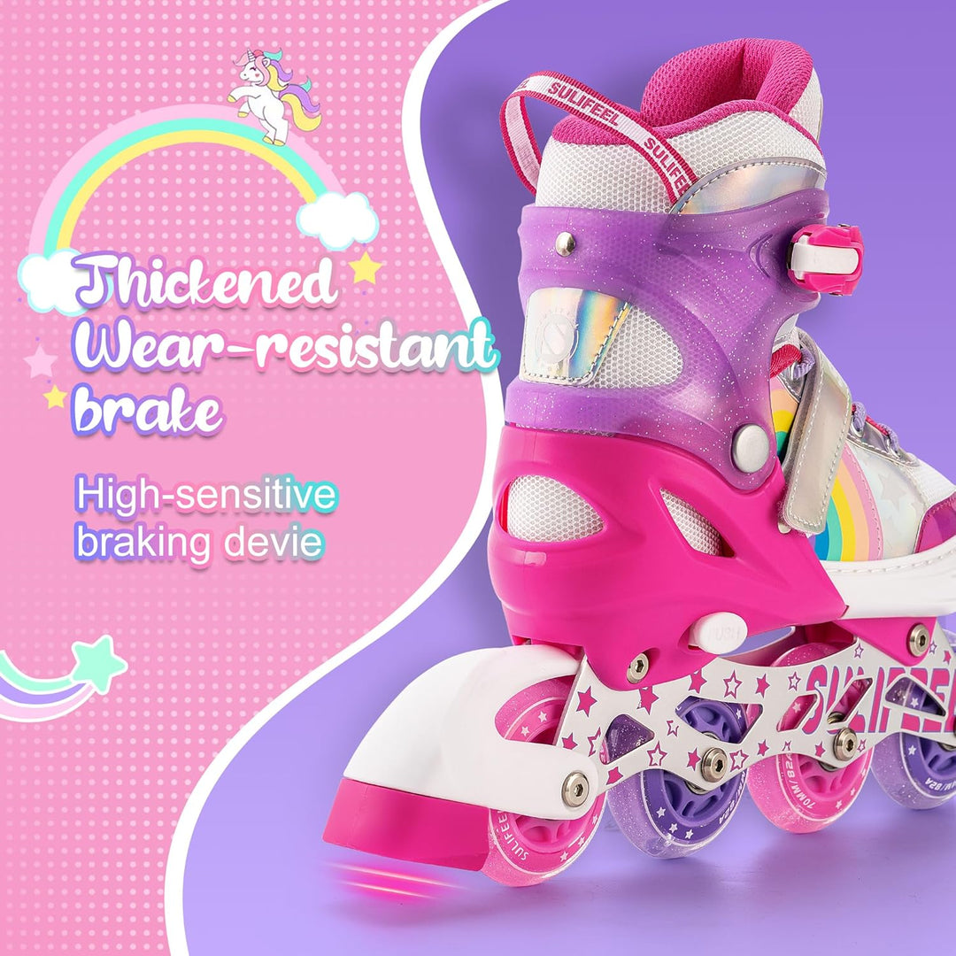 SULIFEEL Rainbow Unicorn Verstellbare Schwarz Rollschuhe für Kinder mit Leuchtenden Rädern für Junge