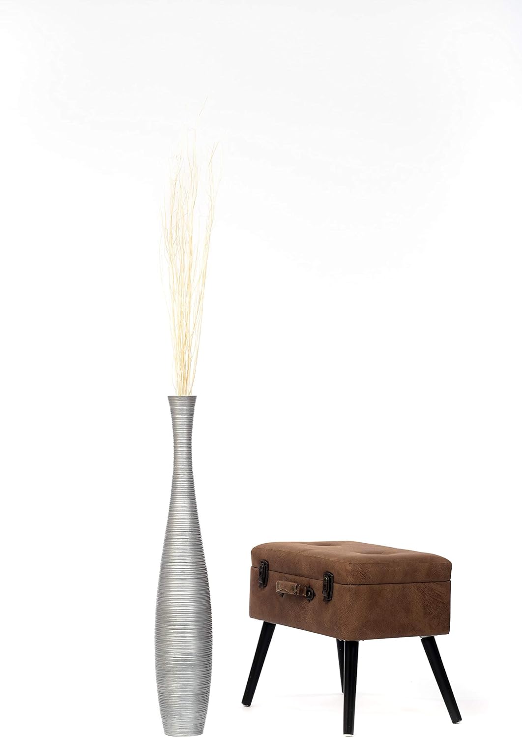 Leewadee Grosse Bodenvase für Dekozweige hohe Standvase Design Holzvase, Holz, 90 cm, Silber 90 cm S
