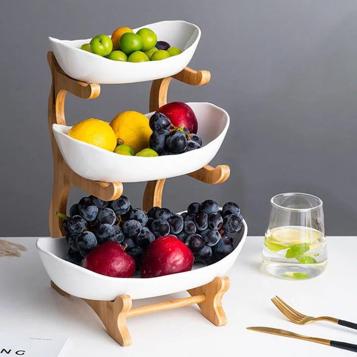 YYW 3-stöckige Keramik-Obstschale, Porzellankorbständer mit Bambusholz, Gemüseaufbewahrung für Küche