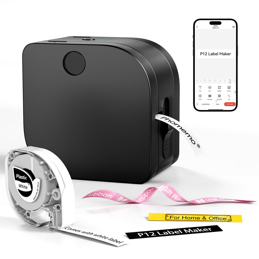 Phomemo P12 Beschriftungsgerät, Mini Etikettendrucker Bluetooth, Etikettiergerät Selbstklebend Kompa